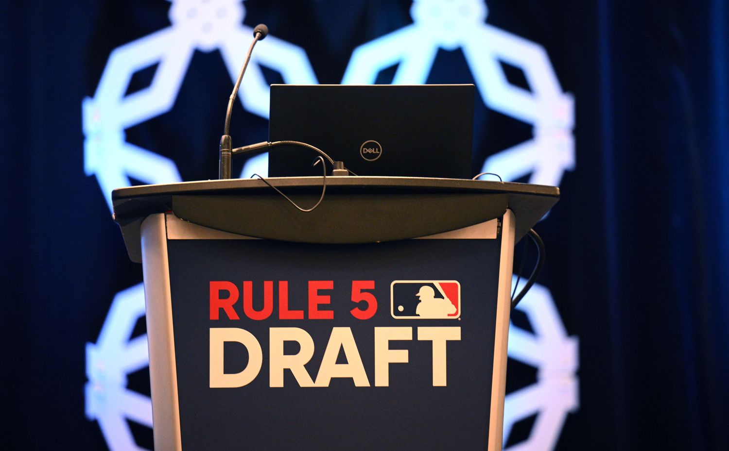 Dec 7, 2022; San Diego, CA, USA; A detailed view of the podium before the Rule 5 draft during the 2022 MLB Winter Meetings at Manchester Grand Hyatt. Mandatory Credit: Orlando Ramirez-USA TODAY Sports  
